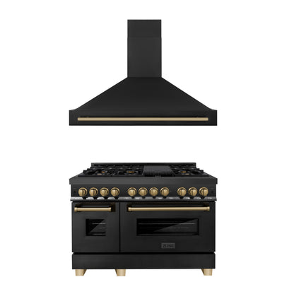 ZLINE 48 in. Autograph Edition Kitchen Package with Black Stainless Steel Dual Fuel Range and Range Hood with Champagne Bronze Accents (2AKP-RABRH48-CB) - MyBBQDirect