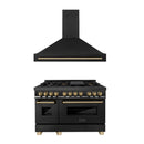 ZLINE 48 in. Autograph Edition Kitchen Package with Black Stainless Steel Dual Fuel Range and Range Hood with Champagne Bronze Accents (2AKP-RABRH48-CB) - MyBBQDirect