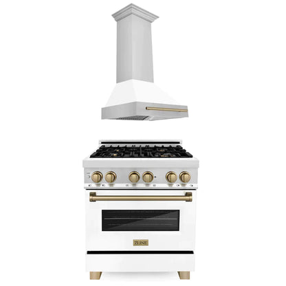ZLINE 30 in. Autograph Edition Kitchen Package with Stainless Steel Dual Fuel Range with White Matte Door and Range Hood with Champagne Bronze Accents (2AKP-RAWMRH30-CB)