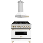 ZLINE 36 in. Autograph Edition Kitchen Package with Stainless Steel Dual Fuel Range with White Matte Door and Range Hood with Polished Gold Accents (2AKP-RAWMRH36-G) - MyBBQDirect