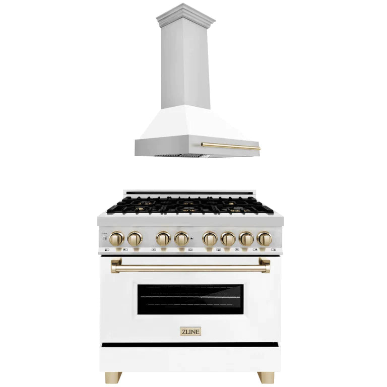ZLINE 36 in. Autograph Edition Kitchen Package with Stainless Steel Dual Fuel Range with White Matte Door and Range Hood with Polished Gold Accents (2AKP-RAWMRH36-G) - MyBBQDirect