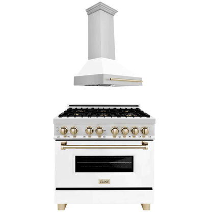 ZLINE 36 in. Autograph Edition Kitchen Package with Stainless Steel Dual Fuel Range with White Matte Door and Range Hood with Polished Gold Accents (2AKP-RAWMRH36-G) - MyBBQDirect