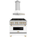 ZLINE 36 in. Autograph Edition Kitchen Package with Stainless Steel Dual Fuel Range with White Matte Door and Range Hood with Polished Gold Accents (2AKP-RAWMRH36-G) - MyBBQDirect