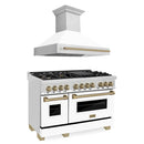 ZLINE 48 in. Autograph Edition Kitchen Package with Stainless Steel Dual Fuel Range with White Matte Door and Range Hood with Champagne Bronze Accents (2AKP-RAWMRH48-CB) - MyBBQDirect