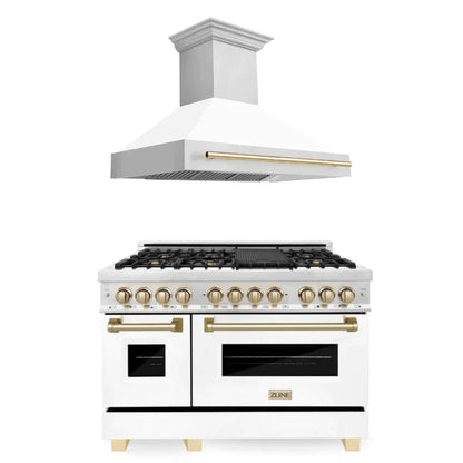 ZLINE 48 in. Autograph Edition Kitchen Package with Stainless Steel Dual Fuel Range with White Matte Door and Range Hood with Polished Gold Accents (2AKP-RAWMRH48-G)