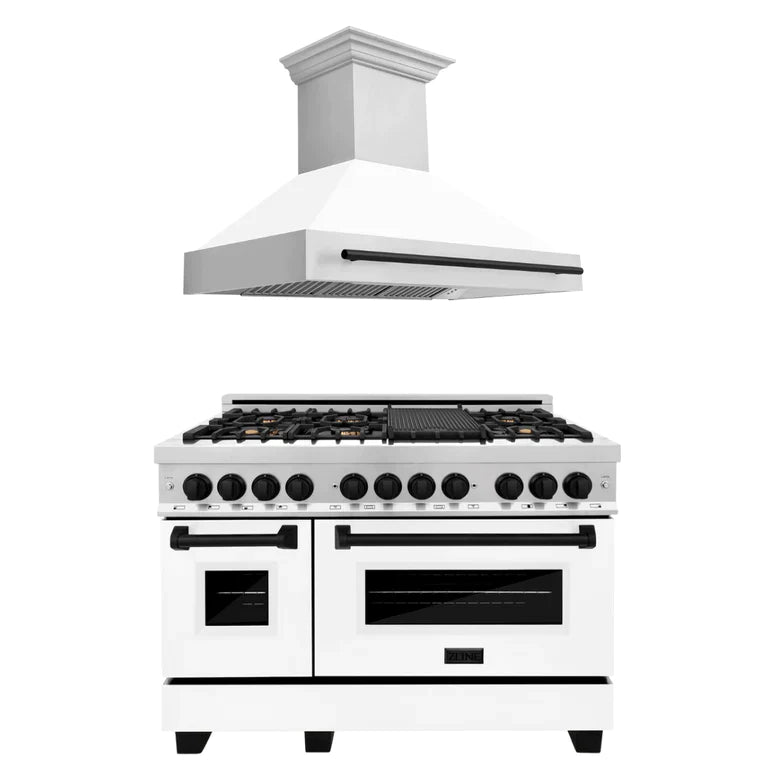 ZLINE 48 in. Autograph Edition Kitchen Package with Stainless Steel Dual Fuel Range with White Matte Door and Range Hood with Matte Black Accents (2AKP-RAWMRH48-MB) - MyBBQDirect