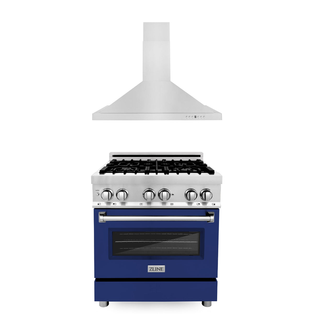 ZLINE 30 in. Kitchen Package with Stainless Steel Dual Fuel Range with Blue Gloss Door and Convertible Vent Range Hood (2KP-RABGRH30) - MyBBQDirect