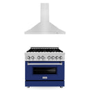 ZLINE 36 in. Kitchen Package with Stainless Steel Dual Fuel Range with Blue Gloss Door and Convertible Vent Range Hood (2KP-RABGRH36) - MyBBQDirect
