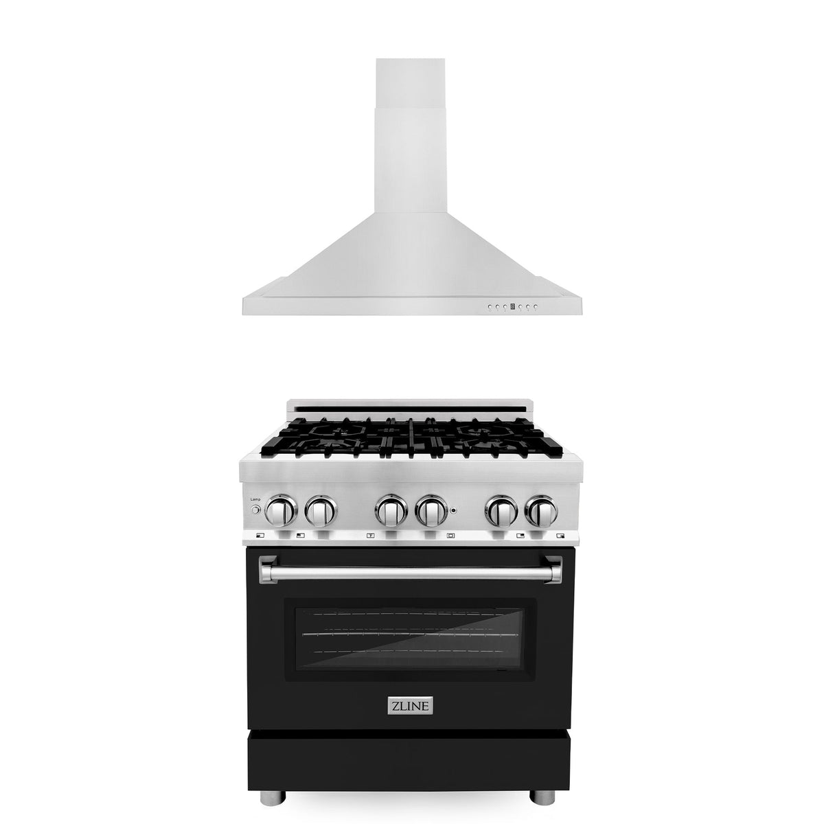 ZLINE 30 in. Kitchen Package with Stainless Steel Dual Fuel Range with Black Matte Door and Convertible Vent Range Hood (2KP-RABLMRH30) - MyBBQDirect