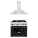 ZLINE 36 in. Kitchen Package with Stainless Steel Dual Fuel Range with Black Matte Door and Convertible Vent Range Hood (2KP-RABLMRH36) - MyBBQDirect