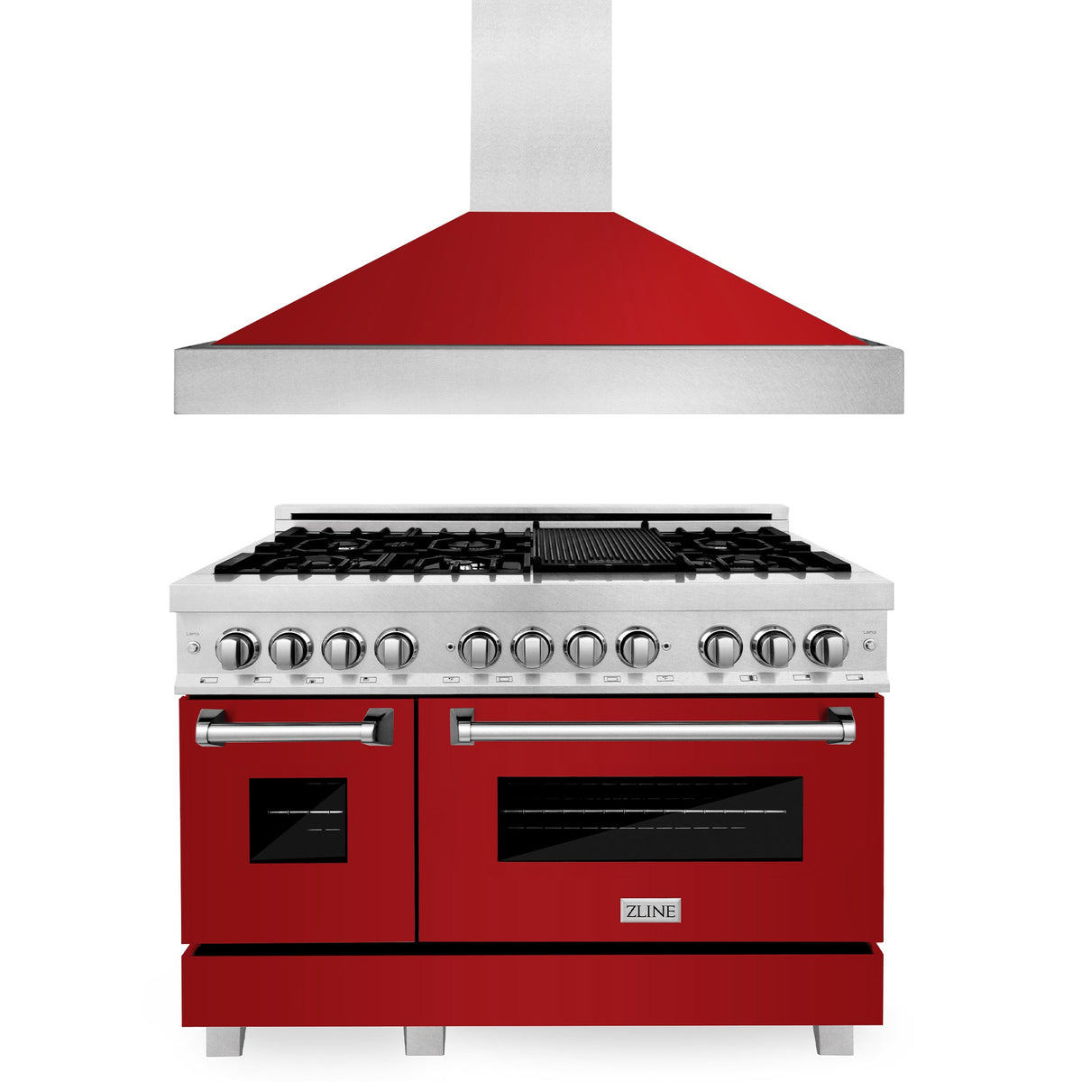 ZLINE 48 in. Kitchen Package with DuraSnow Stainless Steel Dual Fuel Range with Red Gloss Door and Convertible Vent Range Hood (2KP-RASRGRH48) - MyBBQDirect