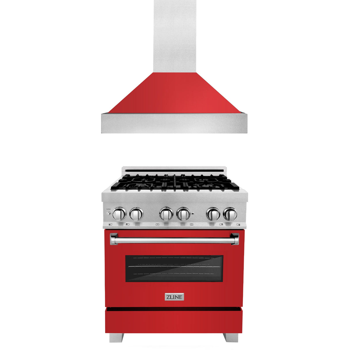 ZLINE 30 in. Kitchen Package with DuraSnow Stainless Steel Dual Fuel Range with Red Matte Door and Convertible Vent Range Hood (2KP-RASRMRH30) - MyBBQDirect