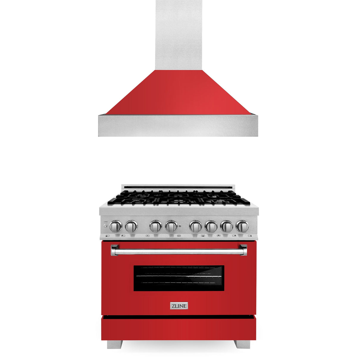 ZLINE 36 in. Kitchen Package with DuraSnow® Stainless Steel Dual Fuel Range with Red Matte Door and Convertible Vent Range Hood (2KP-RASRMRH36) - MyBBQDirect