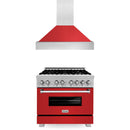 ZLINE 36 in. Kitchen Package with DuraSnow® Stainless Steel Dual Fuel Range with Red Matte Door and Convertible Vent Range Hood (2KP-RASRMRH36) - MyBBQDirect