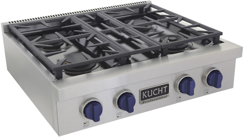 Kucht 30-Inch 4 Burner Gas Rangetop in Stainless Steel with Royal Blue Knob (KFX309T-B)