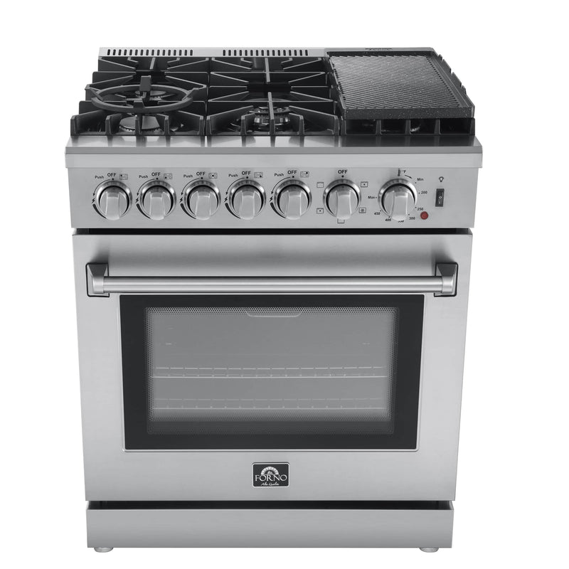 Forno 4-Piece Appliance Package - 30-Inch Dual Fuel Range with Air Fryer, Refrigerator, Wall Mount Hood with Backsplash, & 3-Rack Dishwasher in Stainless Steel