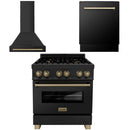ZLINE 30 in. Autograph Edition Kitchen Package with Black Stainless Steel Dual Fuel Range, Range Hood and Dishwasher with Champagne Bronze Accents (3AKP-RABRHDWV30-CB) - MyBBQDirect