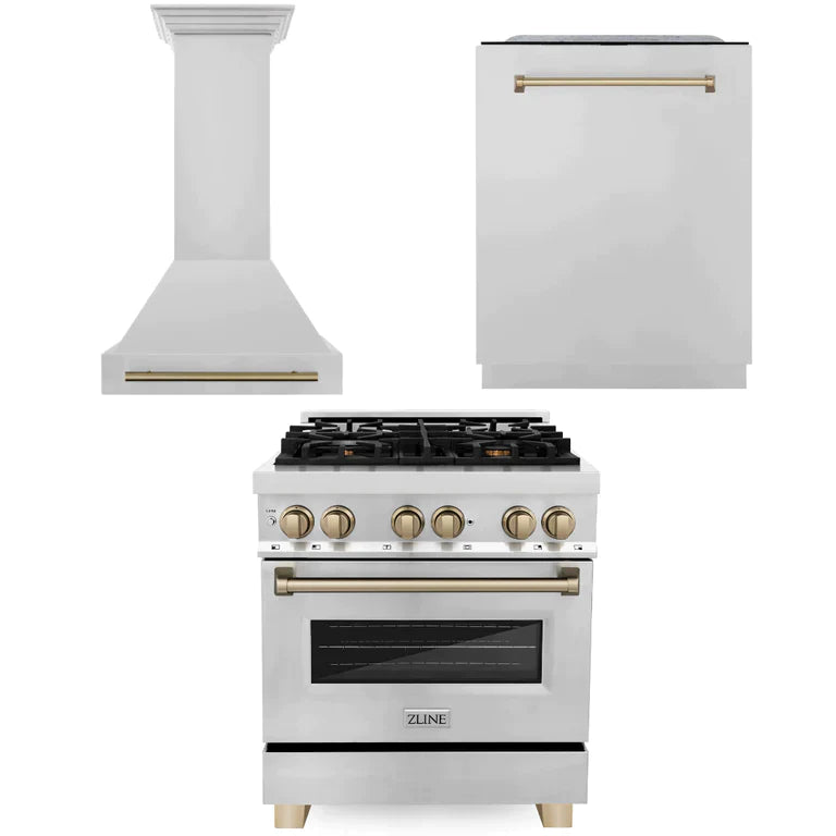 ZLINE 30 in. Autograph Edition Kitchen Package with Stainless Steel Dual Fuel Range and Range Hood with Champagne Bronze Accents (3AKP-RARHDWM30-CB) - MyBBQDirect