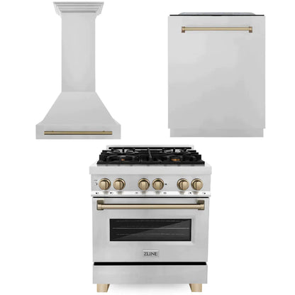 ZLINE 30 in. Autograph Edition Kitchen Package with Stainless Steel Dual Fuel Range and Range Hood with Champagne Bronze Accents (3AKP-RARHDWM30-CB) - MyBBQDirect