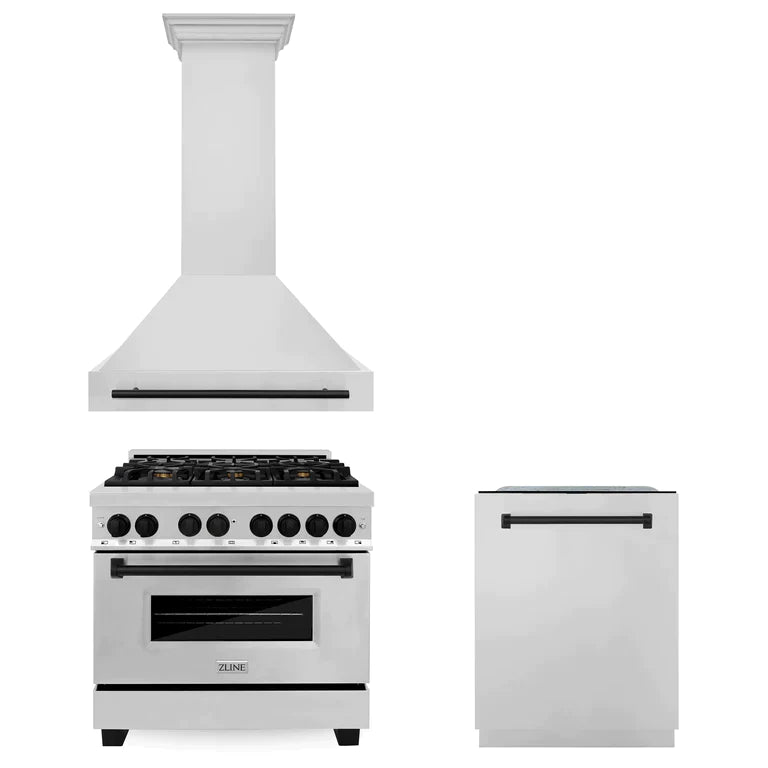 ZLINE 36 in. Autograph Edition Kitchen Package with Stainless Steel Dual Fuel Range, Range Hood and Dishwasher with Matte Black Accents (3AKP-RARHDWM36-MB) - MyBBQDirect