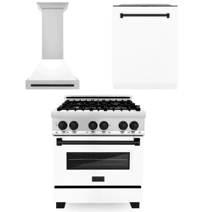 ZLINE 30 in. Autograph Edition Kitchen Package with Stainless Steel Dual Fuel Range with White Matte Door, Range Hood and Dishwasher with Matte Black Accents (3AKP-RAWMRHDWM30-MB)