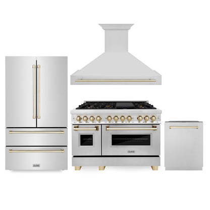 ZLINE 48" Autograph Edition Kitchen Package with Stainless Steel Dual Fuel Range, Range Hood, Dishwasher and Refrigeration with Polished Gold Accents (4KAPR-RARHDWM48-G)