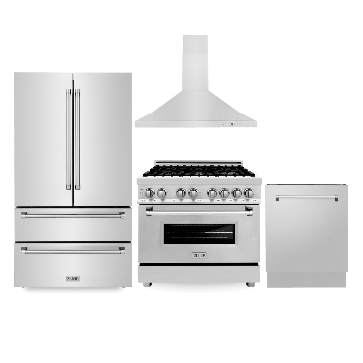 ZLINE Kitchen Package with Refrigeration, 36 in. Stainless Steel Dual Fuel Range, 36 in. Convertible Vent Range Hood and 24 in. Tall Tub Dishwasher (4KPR-RARH36-DWV) - MyBBQDirect