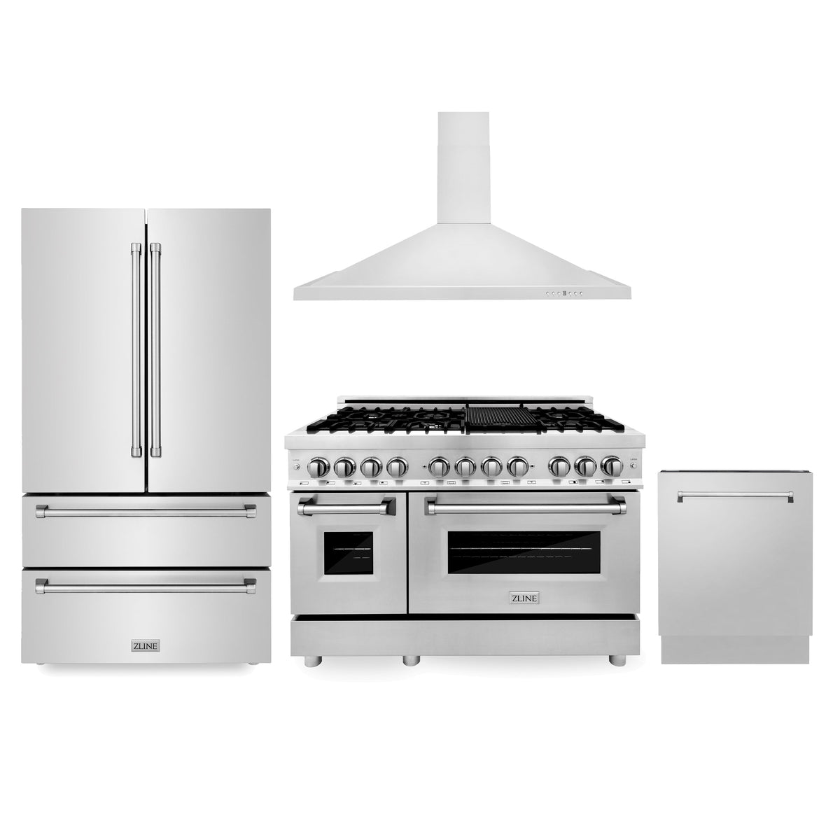 ZLINE Kitchen Package with Refrigeration, 48 in. Stainless Steel Dual Fuel Range, 48 in. Convertible Vent Range Hood and 24 in. Tall Tub Dishwasher (4KPR-RARH48-DWV) - MyBBQDirect