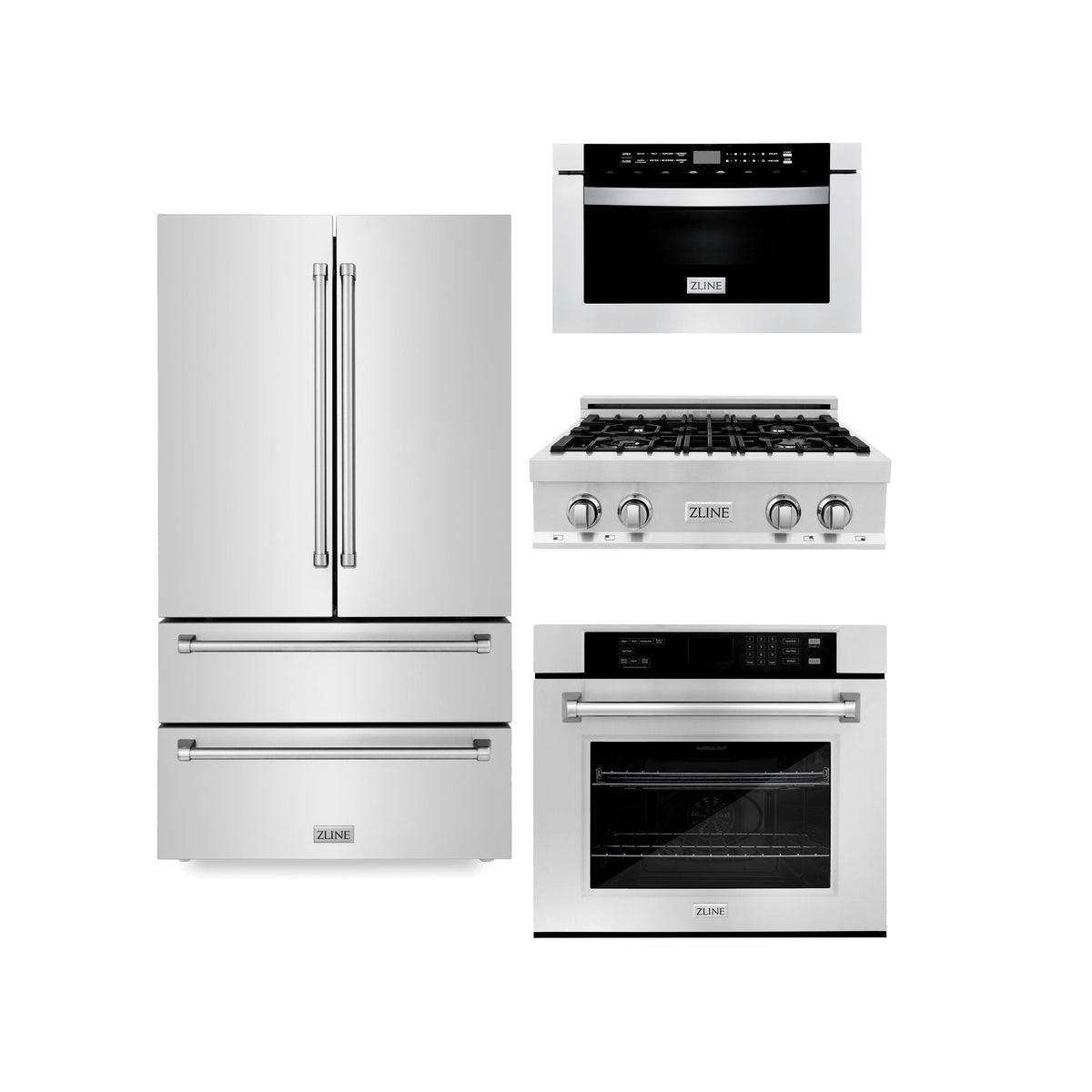 ZLINE Kitchen Package with Refrigeration, 30 in. Stainless Steel Rangetop, 30 in. Single Wall Oven, 30 in. Microwave Oven (4KPR-RT30-MWAWS) - MyBBQDirect