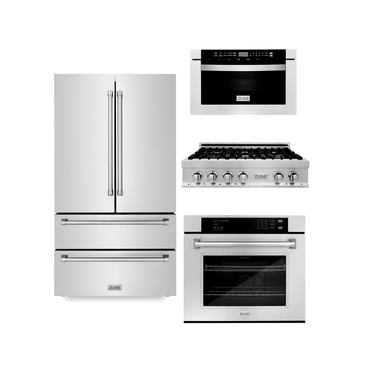 ZLINE Kitchen Package with Refrigeration, 36 in. Stainless Steel Rangetop, 30 in. Single Wall Oven, 30 in. Microwave Oven (4KPR-RT36-MWAWS) - MyBBQDirect