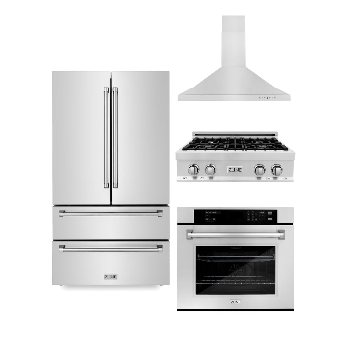 ZLINE Kitchen Package with Refrigeration, 30 in. Stainless Steel Rangetop, 30 in. Range Hood and 30 in. Single Wall Oven (4KPR-RTRH30-AWS) - MyBBQDirect