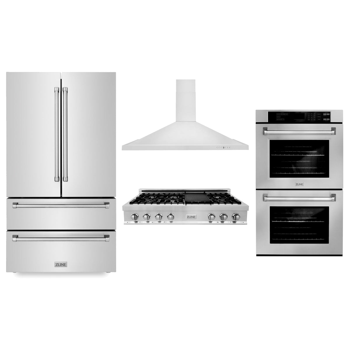 ZLINE Kitchen Package with Refrigeration, 48 in. Stainless Steel Rangetop, 48 in. Range Hood and 30 in. Double Wall Oven (4KPR-RTRH48-AWD) - MyBBQDirect
