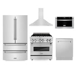 ZLINE Kitchen Package with Refrigeration, 30 in. Stainless Steel Dual Fuel Range, 30 in. Convertible Vent Range Hood, 24 in. Microwave Drawer, and 24 in. Tall Tub Dishwasher (5KPR-RARH30-MWDWV) - MyBBQDirect