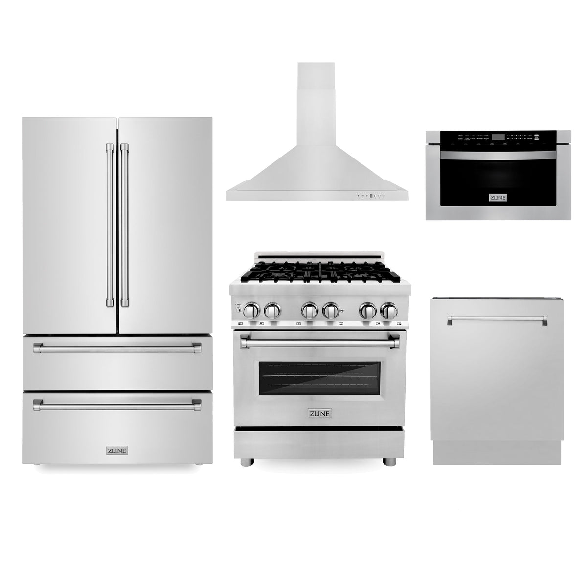 ZLINE Kitchen Package with Refrigeration, 30 in. Stainless Steel Dual Fuel Range, 30 in. Convertible Vent Range Hood, 24 in. Microwave Drawer, and 24 in. Tall Tub Dishwasher (5KPR-RARH30-MWDWV) - MyBBQDirect