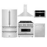 ZLINE Kitchen Package with Refrigeration, 36 in. Stainless Steel Dual Fuel Range, 36 in. Convertible Vent Range Hood, 24 in. Microwave Drawer, and 24 in. Tall Tub Dishwasher (5KPR-RARH36-MWDWV) - MyBBQDirect
