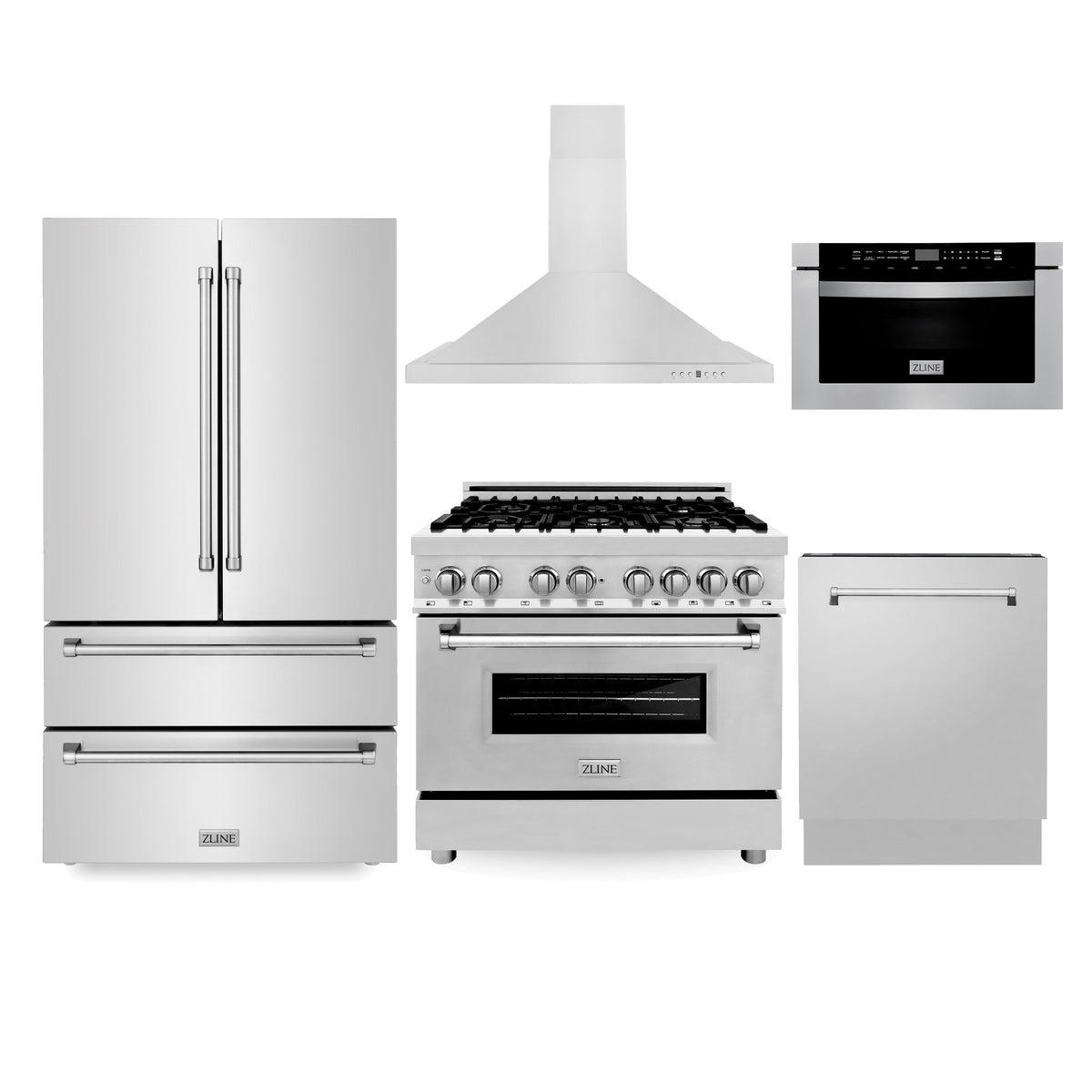 ZLINE Kitchen Package with Refrigeration, 36 in. Stainless Steel Dual Fuel Range, 36 in. Convertible Vent Range Hood, 24 in. Microwave Drawer, and 24 in. Tall Tub Dishwasher (5KPR-RARH36-MWDWV) - MyBBQDirect
