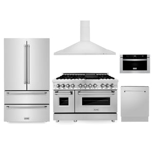 ZLINE Kitchen Package with Refrigeration, 48 in. Stainless Steel Dual Fuel Range, 48 in. Convertible Vent Range Hood, 24 in. Microwave Drawer, and 24 in. Tall Tub Dishwasher (5KPR-RARH48-MWDWV) - MyBBQDirect
