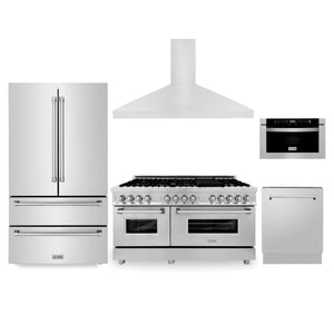 ZLINE Kitchen Package with Refrigeration, 60 in. Stainless Steel Dual Fuel Range, 60 in. Convertible Vent Range Hood, 24 in. Microwave Drawer, and 24 in. Tall Tub Dishwasher (5KPR-RARH60-MWDWV) - MyBBQDirect