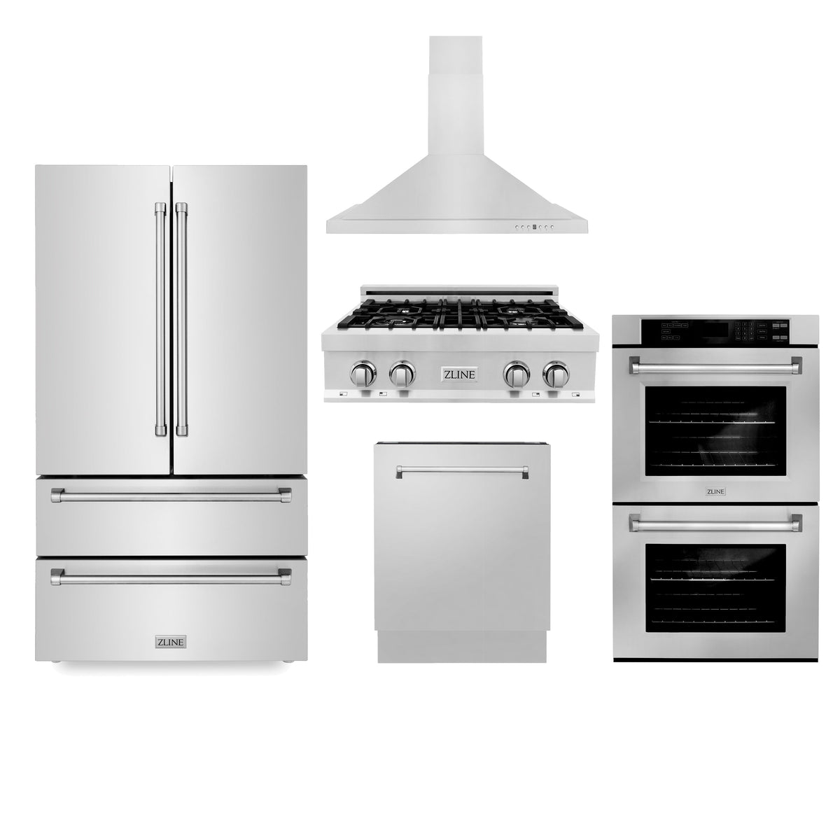 ZLINE Kitchen Package with Refrigeration, 30 in. Stainless Steel Gas Rangetop, 30 in. Convertible Vent Range Hood, 30 in. Double Wall Oven, and 24 in. Tall Tub Dishwasher (5KPR-RTRH30-AWDDWV) - MyBBQDirect