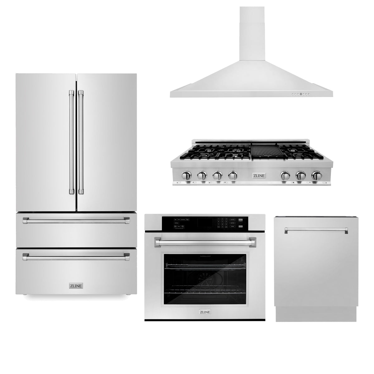ZLINE Kitchen Package with Refrigeration, 48 in. Stainless Steel Rangetop, 48 in. Range Hood, 30 in. Single Wall Oven and 24 in. Tall Tub Dishwasher (5KPR-RTRH48-AWSDWV) - MyBBQDirect