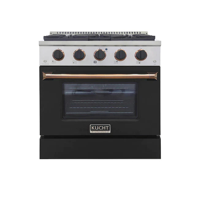 Kucht Signature 30-Inch Pro-Style Dual Fuel Range in Stainless Steel with Black Oven Door & Gold Handle (KDF302-K-GOLD)