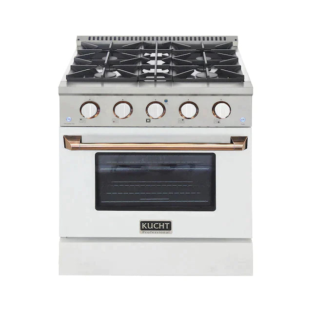 Kucht Signature 30" Pro-Style Dual Fuel Range in Stainless Steel with White Oven Door & Gold Handle (KDF302-W-GOLD)