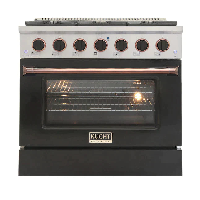 Kucht Signature 36-Inch Pro-Style Dual Fuel Range in Stainless Steel with Black Oven Door & Rose Gold Accents (KDF362-K-ROSE)