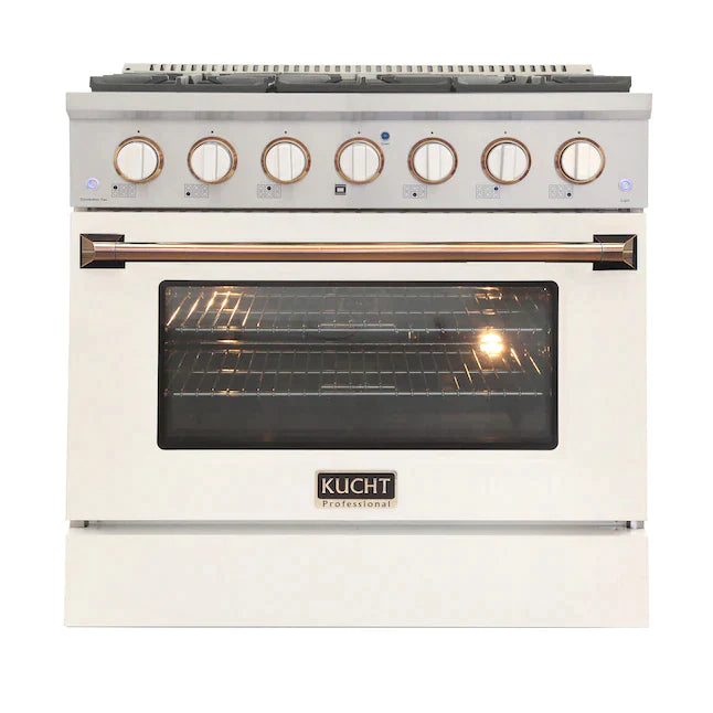 Kucht Signature 36" Gas Range with Convection Oven in White with White Knobs & Gold Handle (KNG361-W-GOLD)