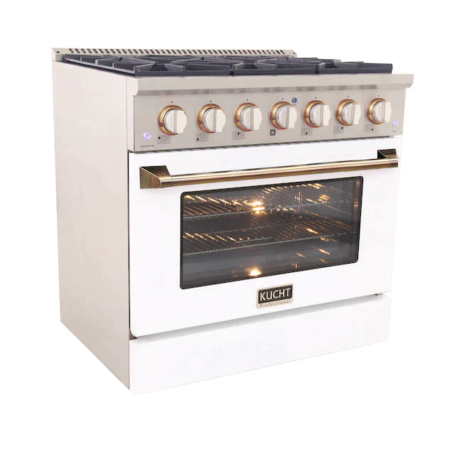 Kucht Signature 36" Gas Range with Convection Oven in White with White Knobs & Gold Handle (KNG361-W-GOLD)