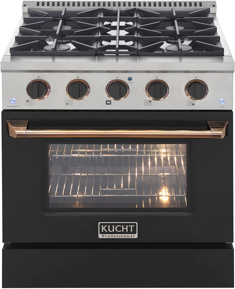 Kucht Signature 30" Gas Range with Convection Oven in Black with Black Knobs & Gold Handle (KNG301-K-GOLD)