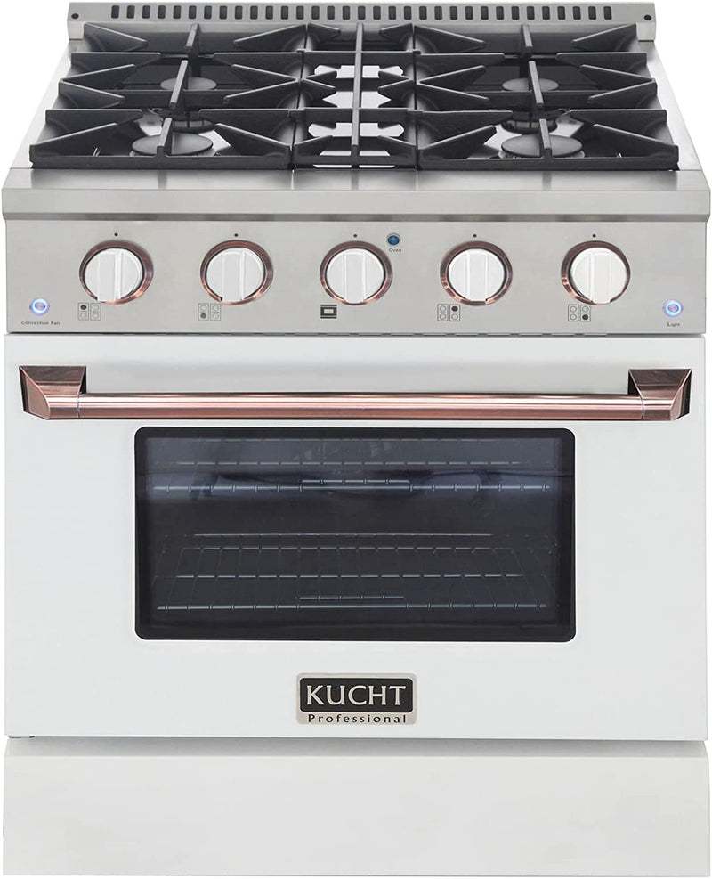 Kucht Signature 30" Gas Range in White with White Knobs & Rose Gold Handle (KNG301-W-ROSE)