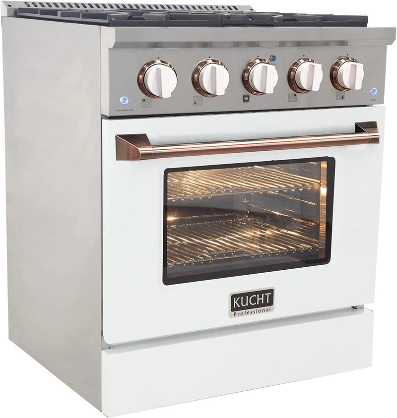 Kucht Signature 30" Gas Range in White with White Knobs & Rose Gold Handle (KNG301-W-ROSE)