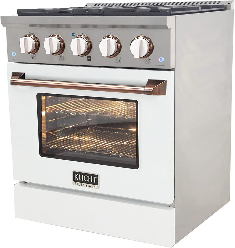 Kucht Signature 30" Gas Range in White with White Knobs & Rose Gold Handle (KNG301-W-ROSE)