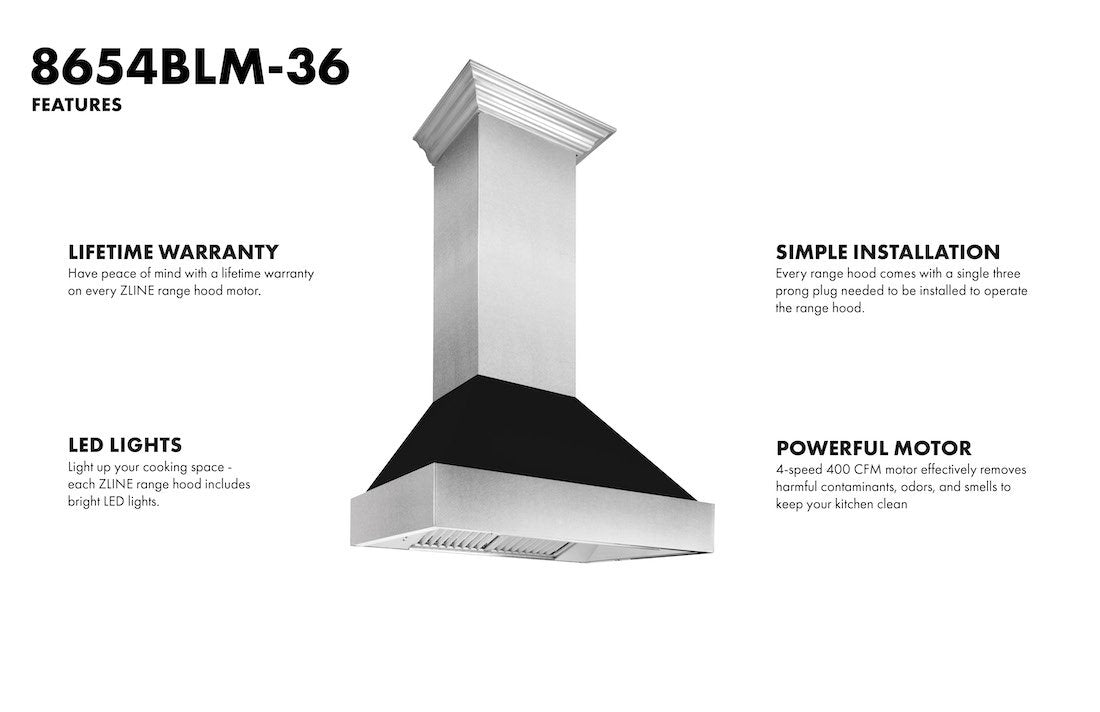 ZLINE Ducted Fingerprint Resistant Stainless Steel Range Hood with Black Matte Shell (8654BLM) - MyBBQDirect